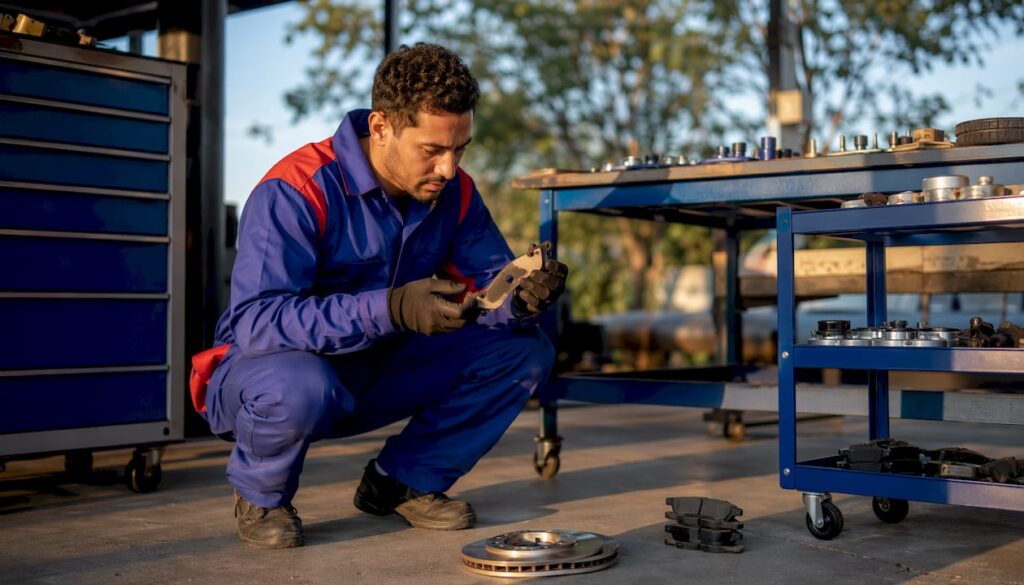 Mechanic inspecting brake pad shim on car