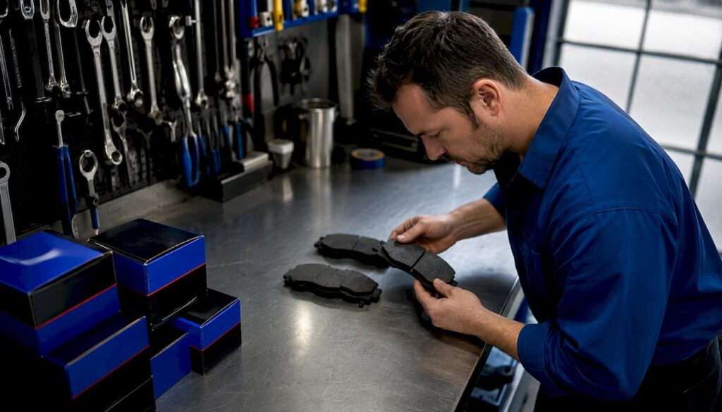 Mechanic inspecting brake pads in garage