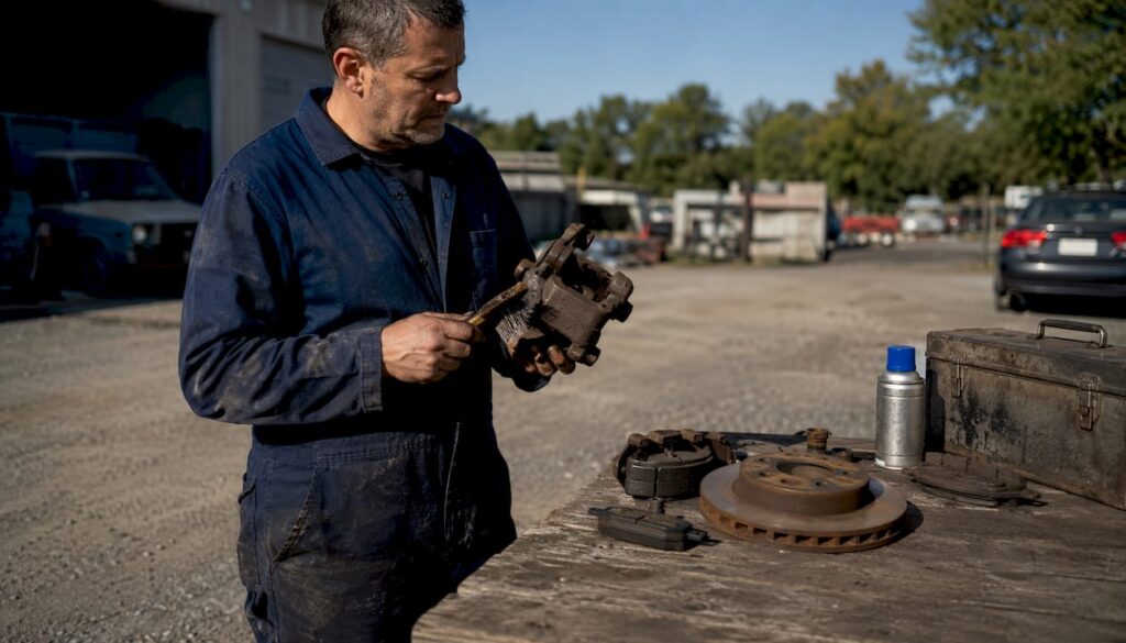 Technician inspecting corroded brake caliper in garage