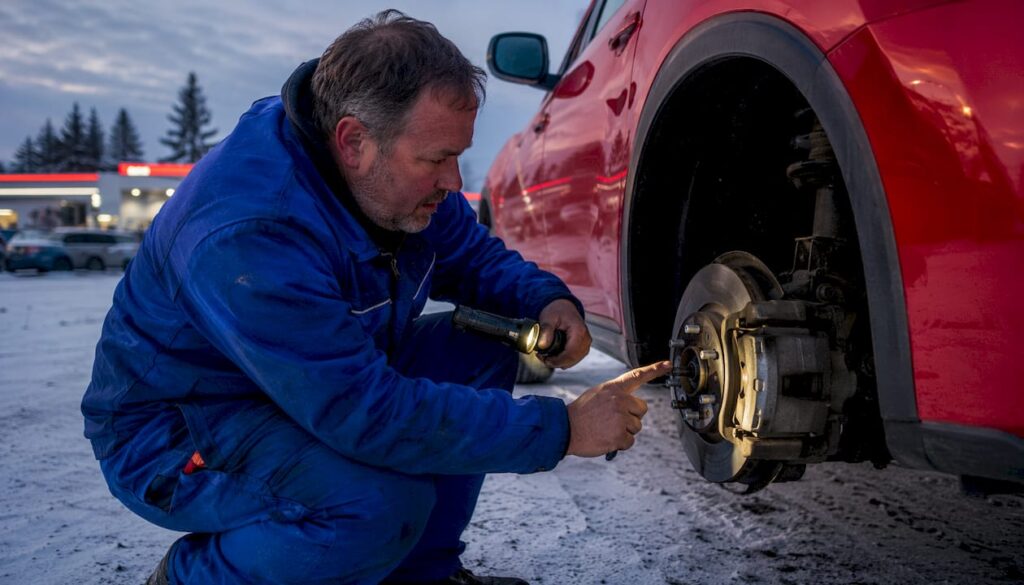 Mechanic inspecting cold car brakes outdoors