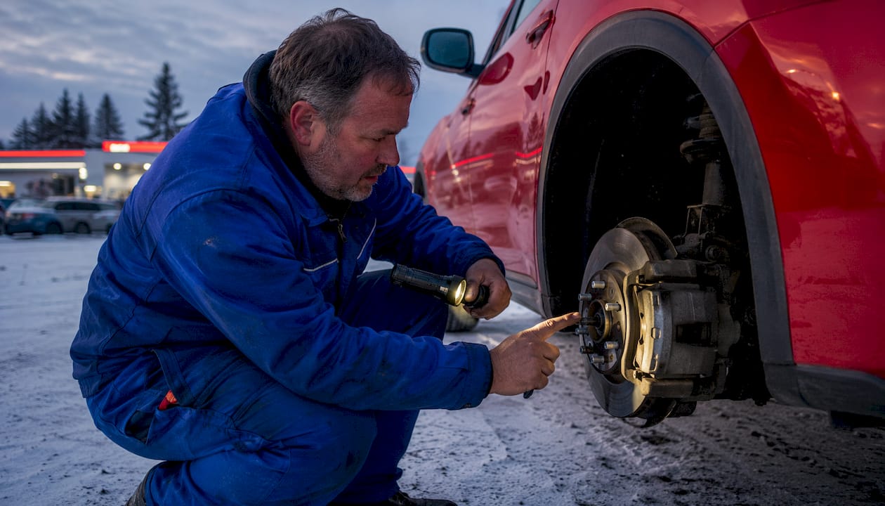 Mechanic inspecting cold car brakes outdoors