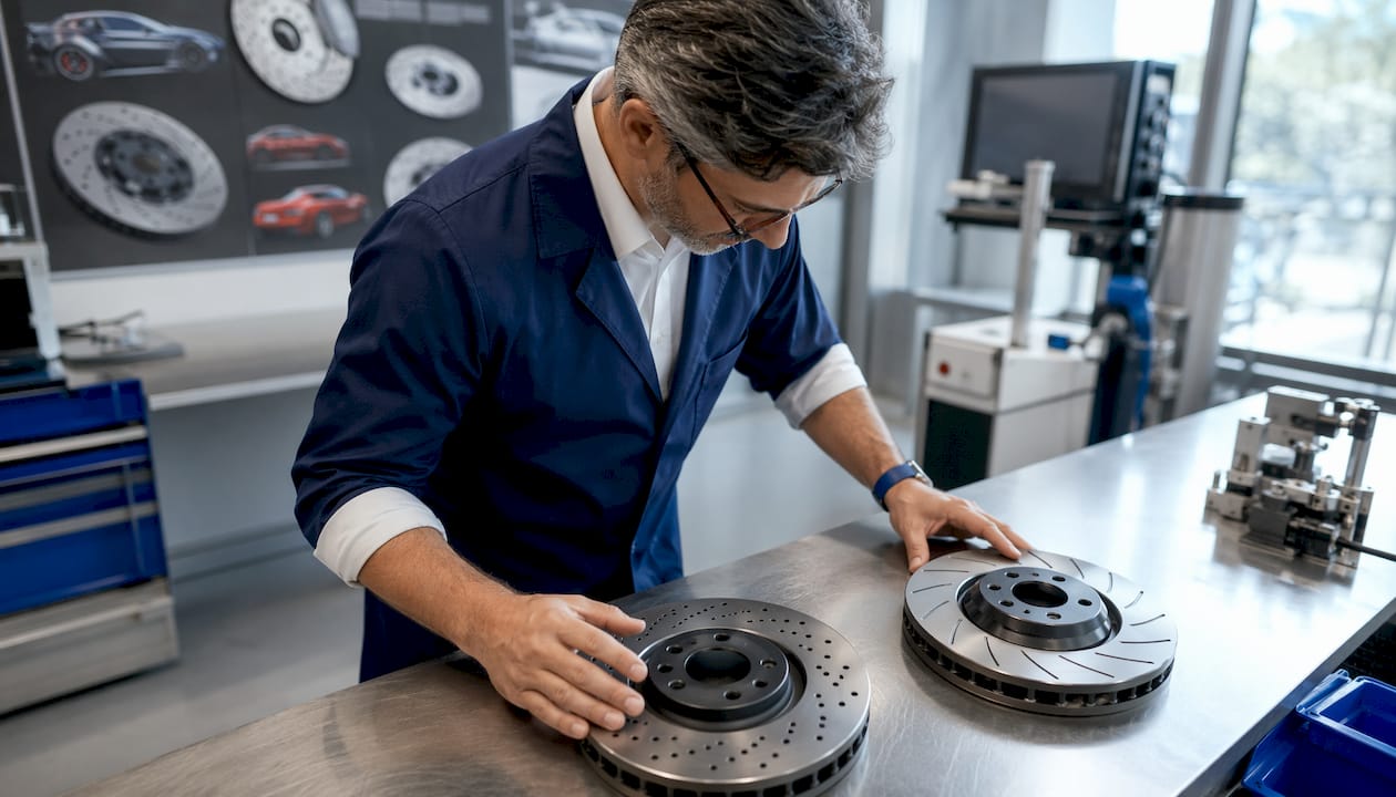 Engineer comparing drilled and slotted brake rotors