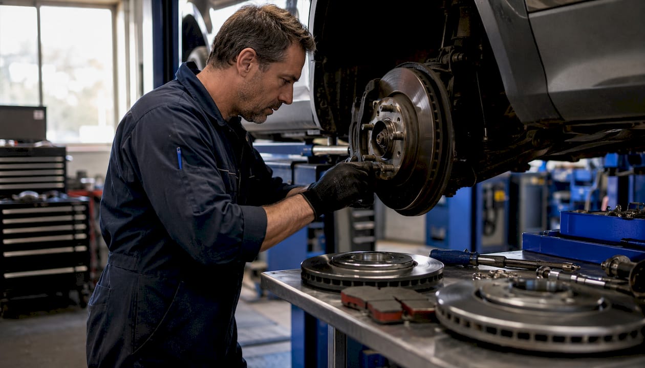 Mechanic installing SUV brake rotor in garage