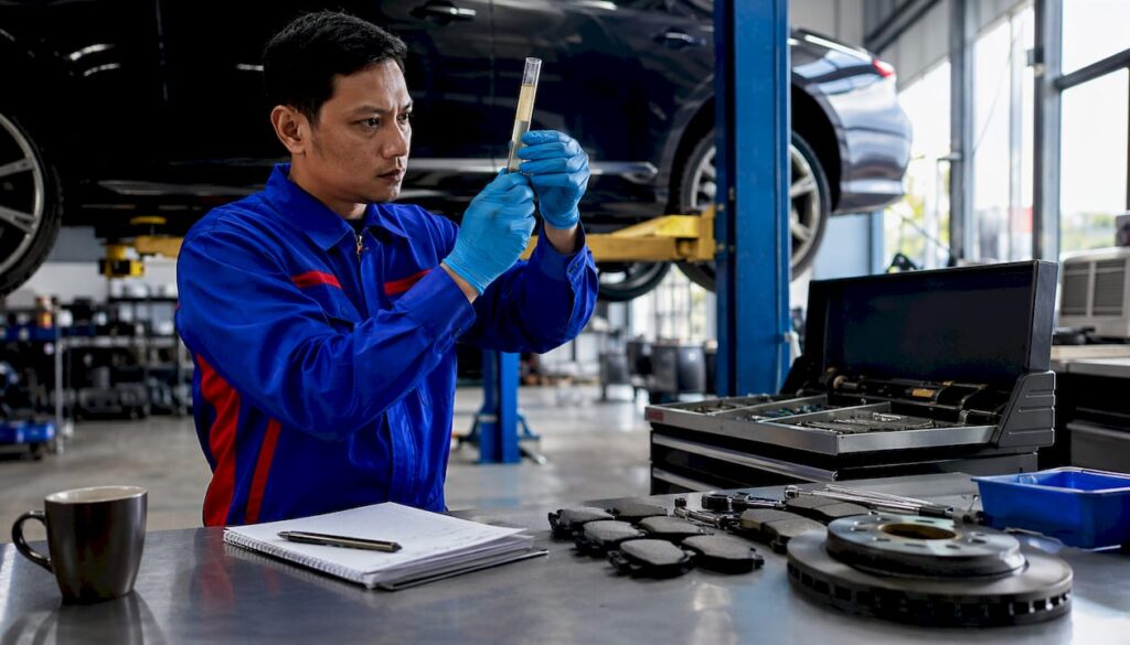 Mechanic checking moisture in brake fluid