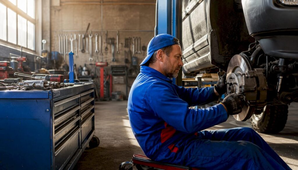 Mechanic installing heavy-duty brake pads on pickup