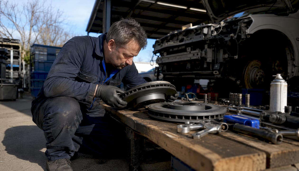 Technician inspecting coated brake rotors in garage