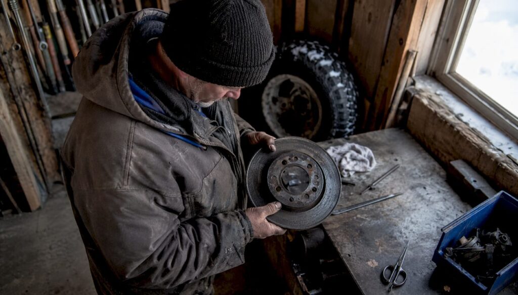 Mechanic inspecting brake rotor in snowy garage