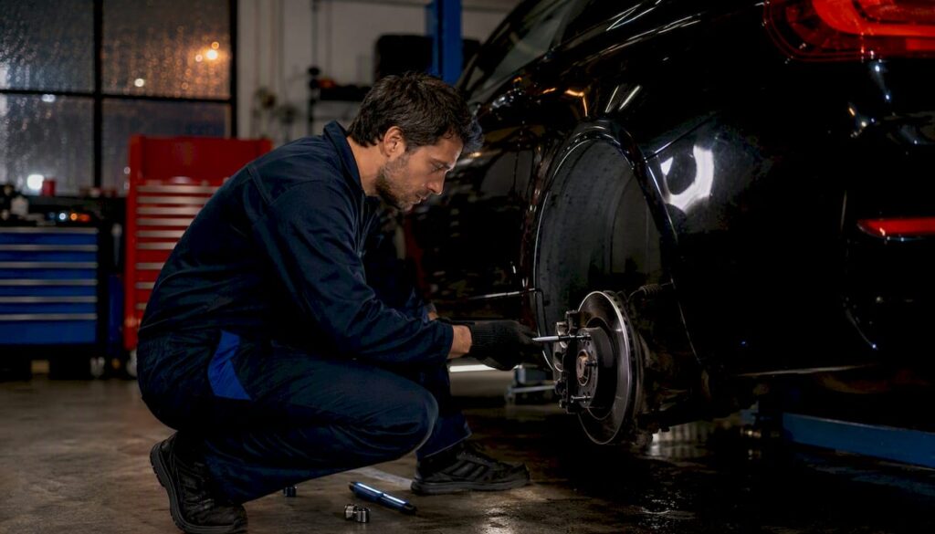 Mechanic installing brake pads on car wheel