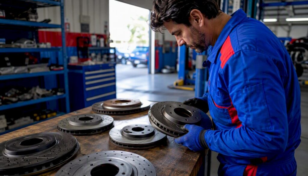 Mechanic inspecting various brake rotors at garage table