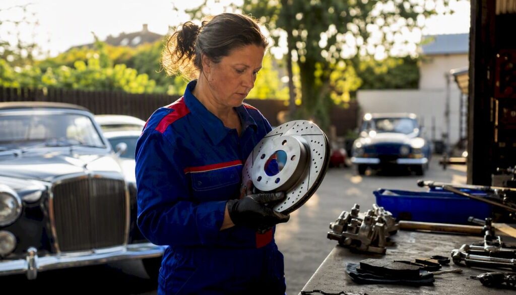 Mechanic inspecting drilled and slotted brake rotor