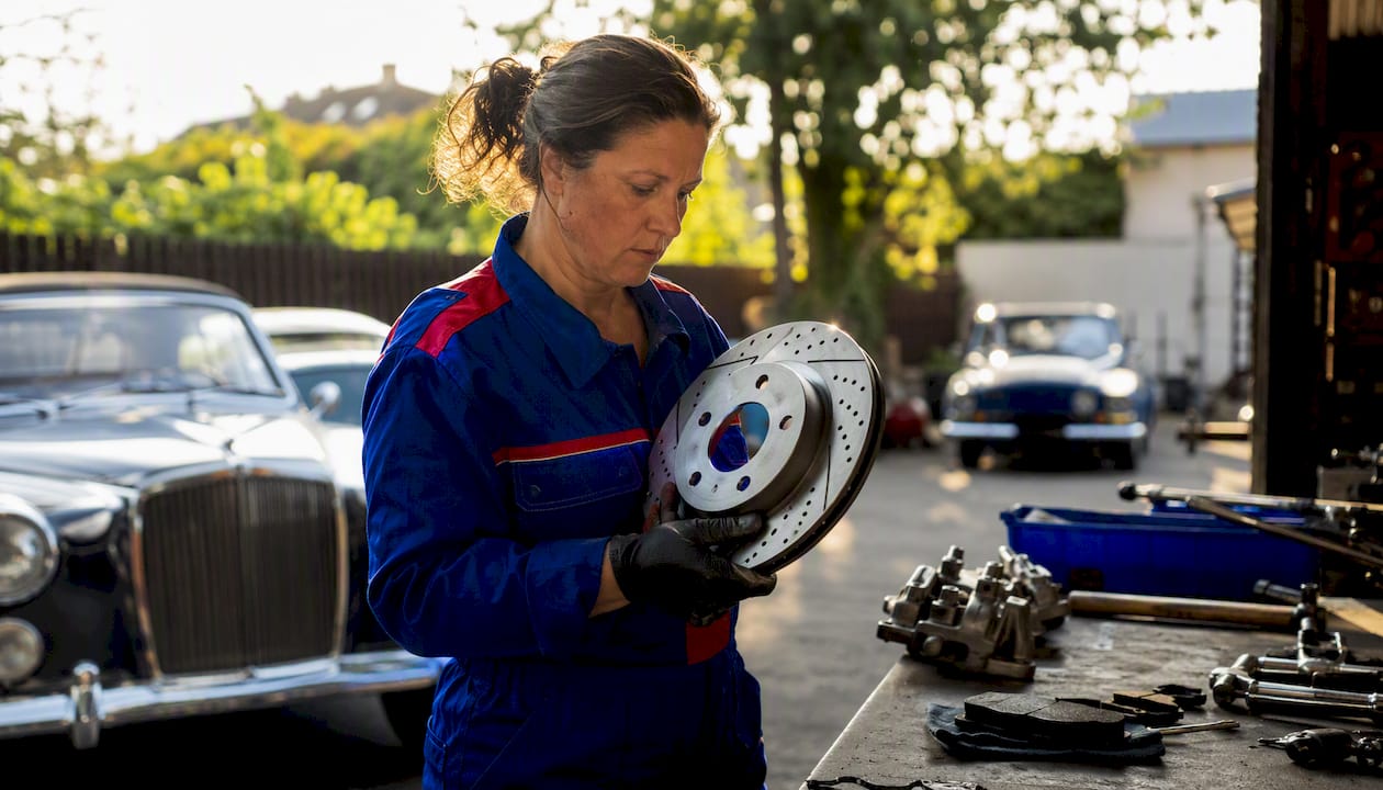 Mechanic inspecting drilled and slotted brake rotor