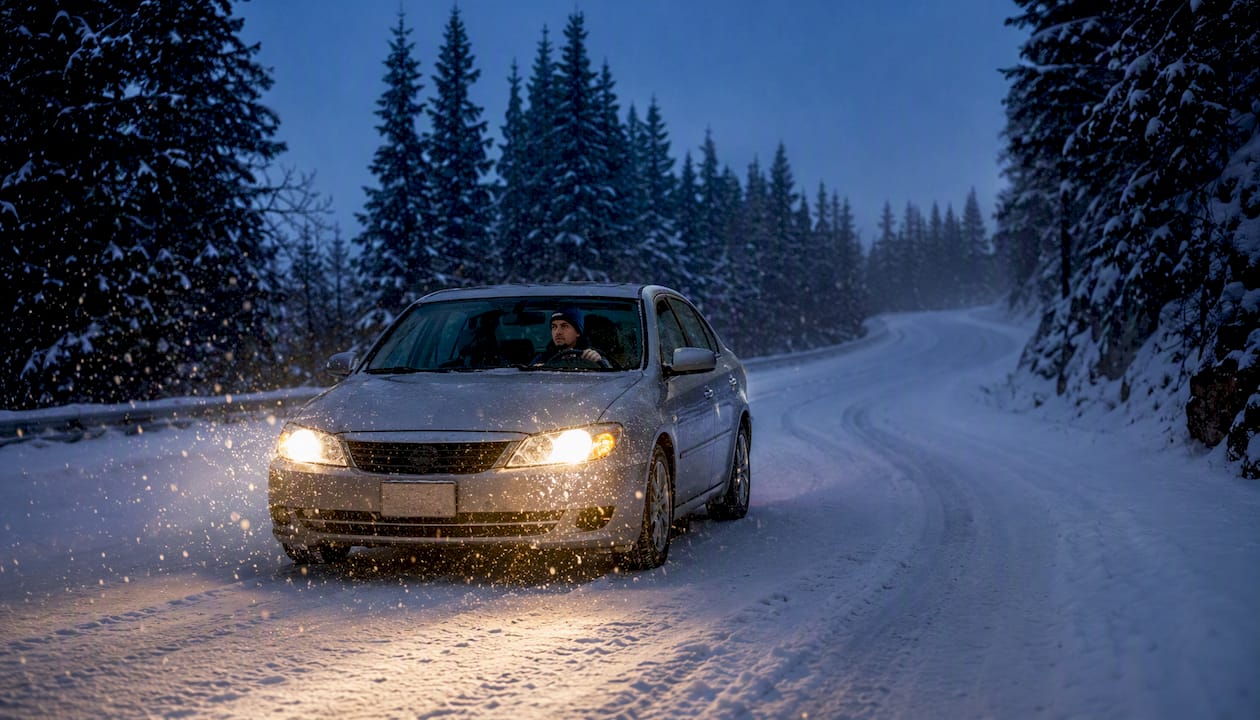 Car braking on snowy road with driver inside