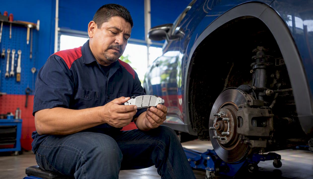 Mechanic inspecting ceramic brake pad in garage