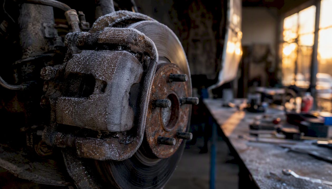 Corroded brake caliper with frost in winter