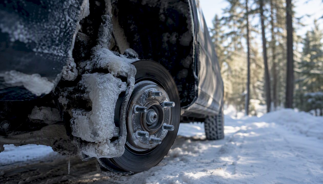 Close-up of car brake rotor with snow buildup