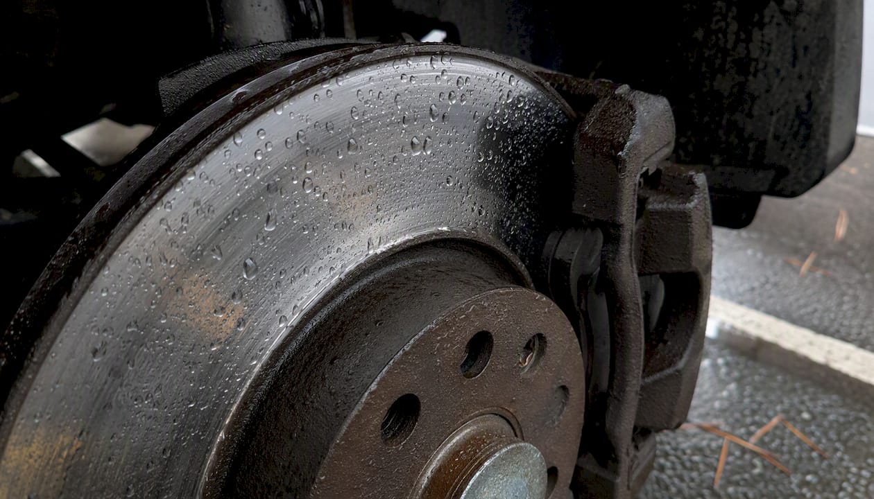 Wet brake rotor with water droplets close-up