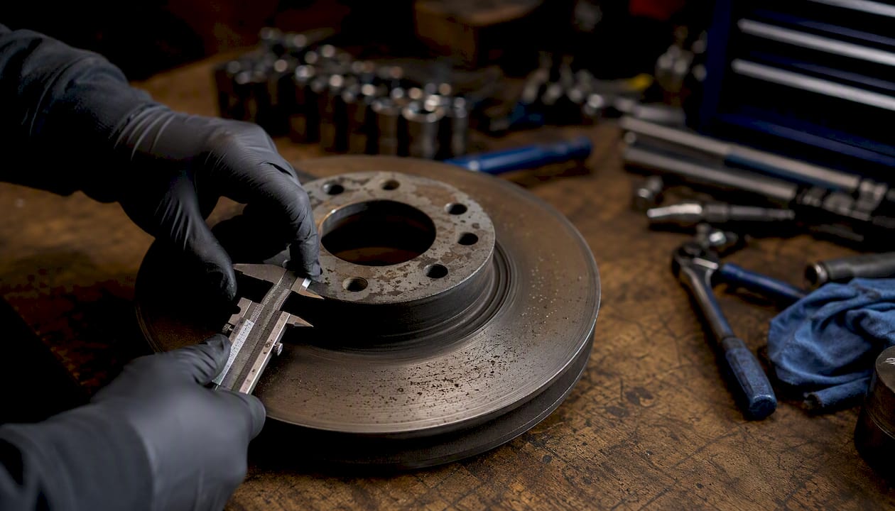 Close-up of technician inspecting brake rotor surface
