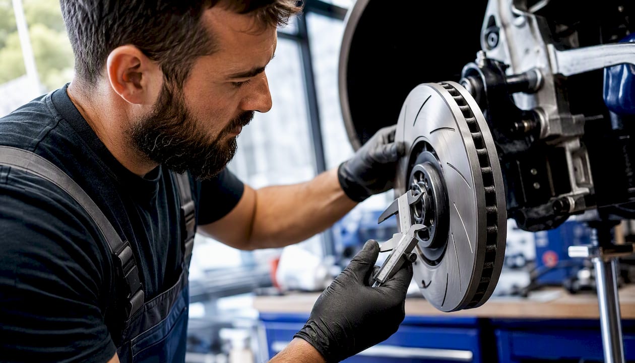 Technician inspecting brake rotor slots