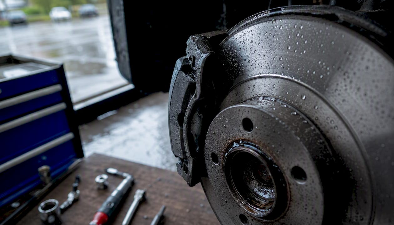 Wet brake rotor and caliper close-up after rain
