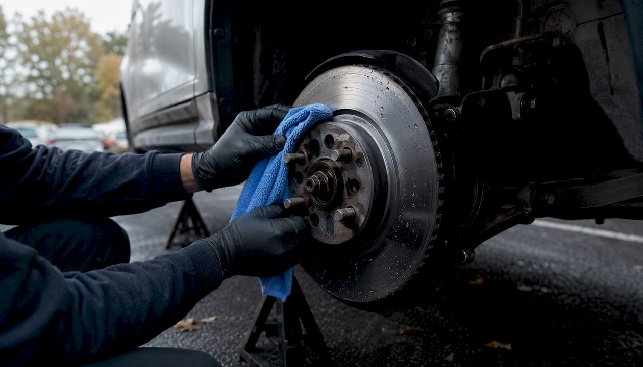 Hands drying wet brake rotor on car