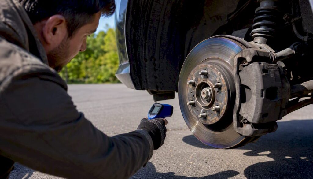 Technician measuring brake rotor temperature