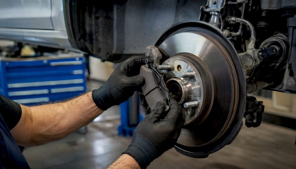 Technician installing brake pad on rotor close-up