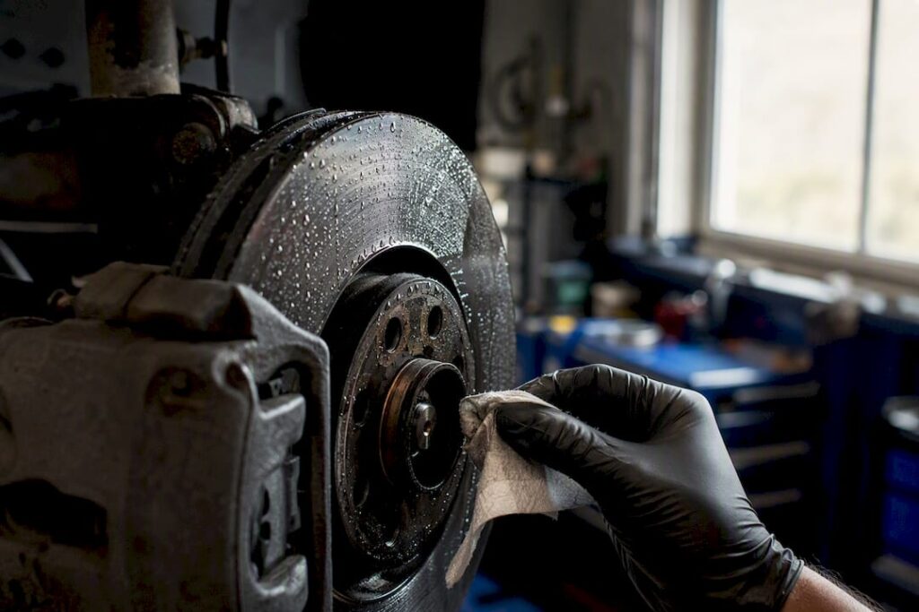 Wet brake disc and pads close-up with water droplets