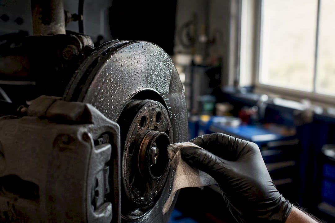 Wet brake disc and pads close-up with water droplets