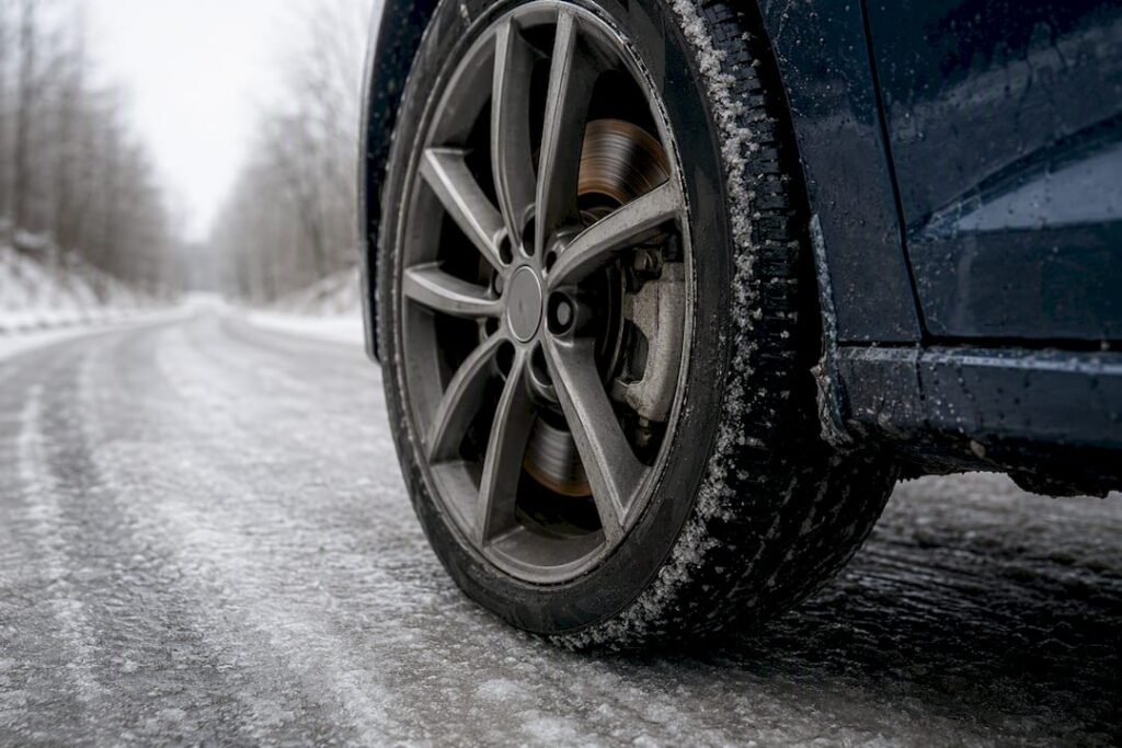 Close-up of braking wheel on icy road