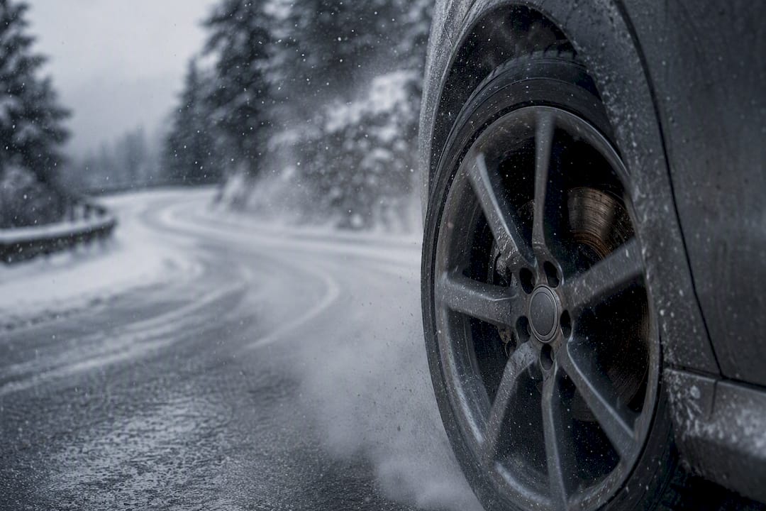 Close-up brake on snowy downhill road