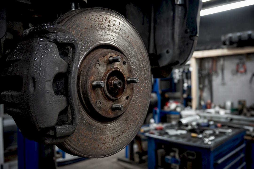 Close-up of pitted brake rotor in winter