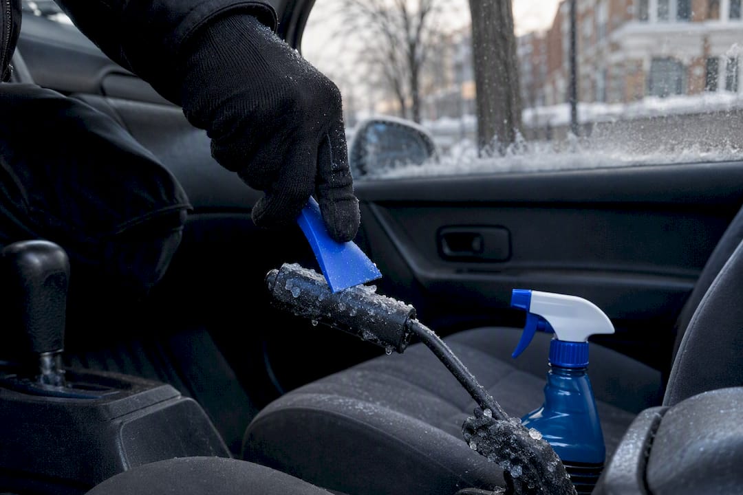 Gloved hand freeing frozen parking brake cable