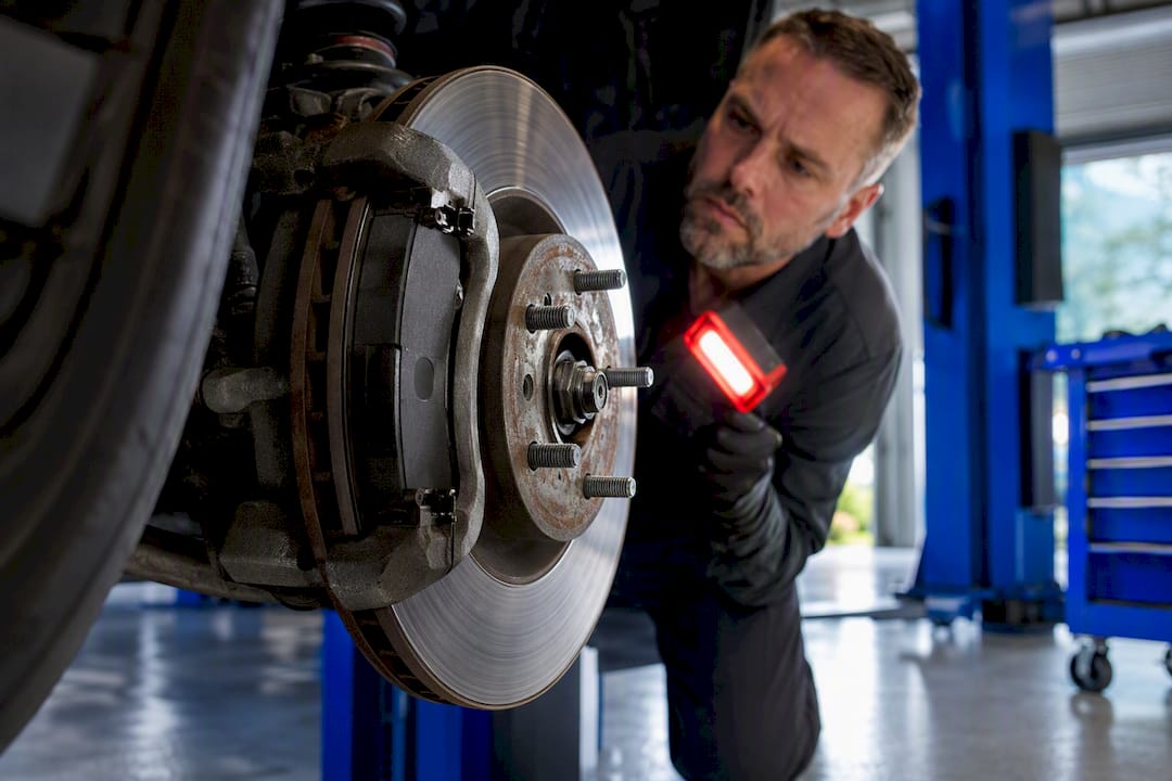 Technician inspecting a partially visible brake assembly