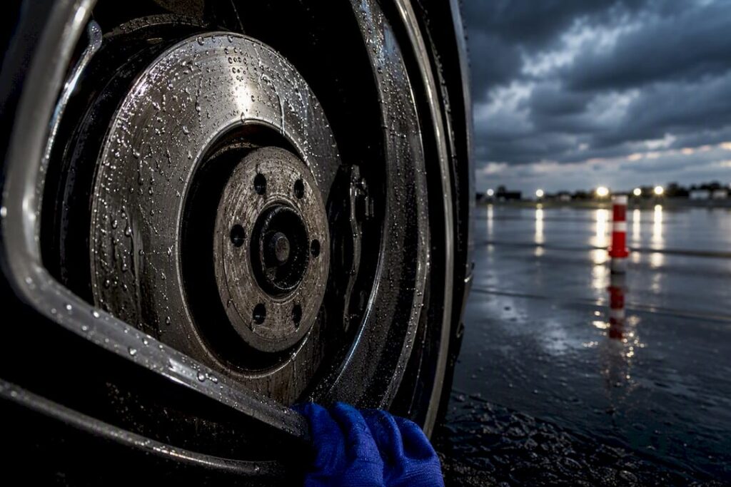 Rainwater beading on an exposed brake rotor
