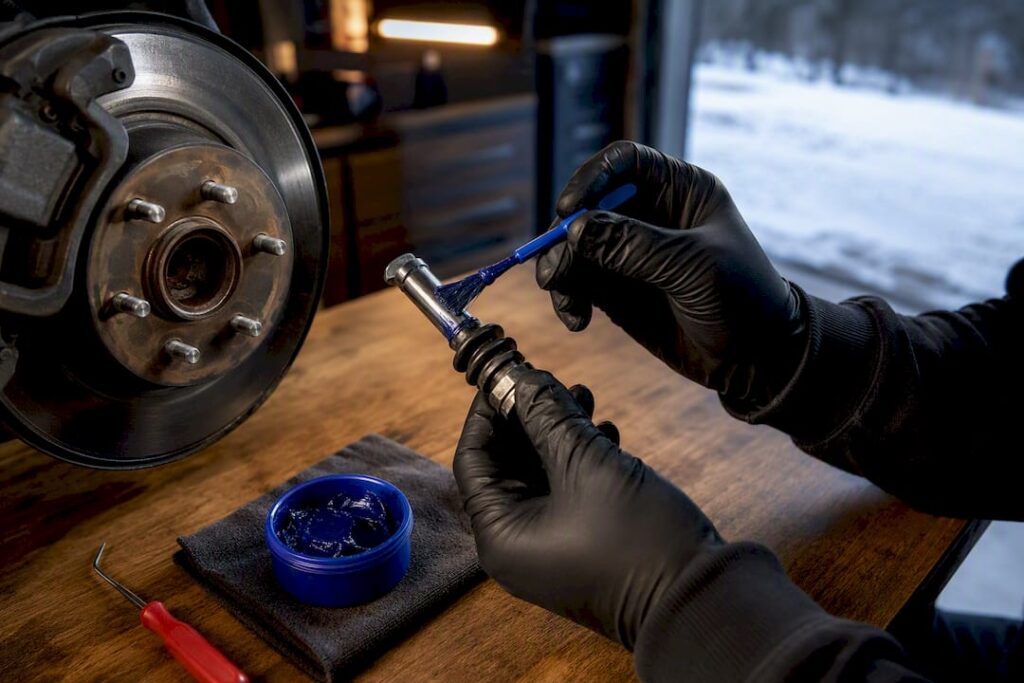 Applying grease to an exposed brake slide pin