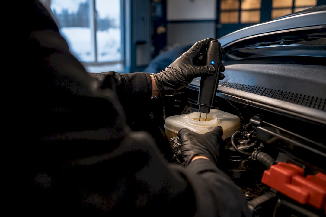 Mechanic testing brake fluid for moisture
