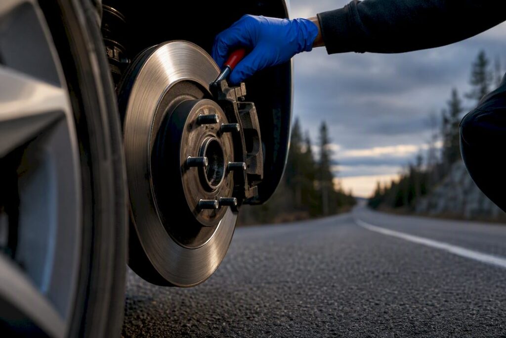 Technician bedding an anonymous coated brake rotor