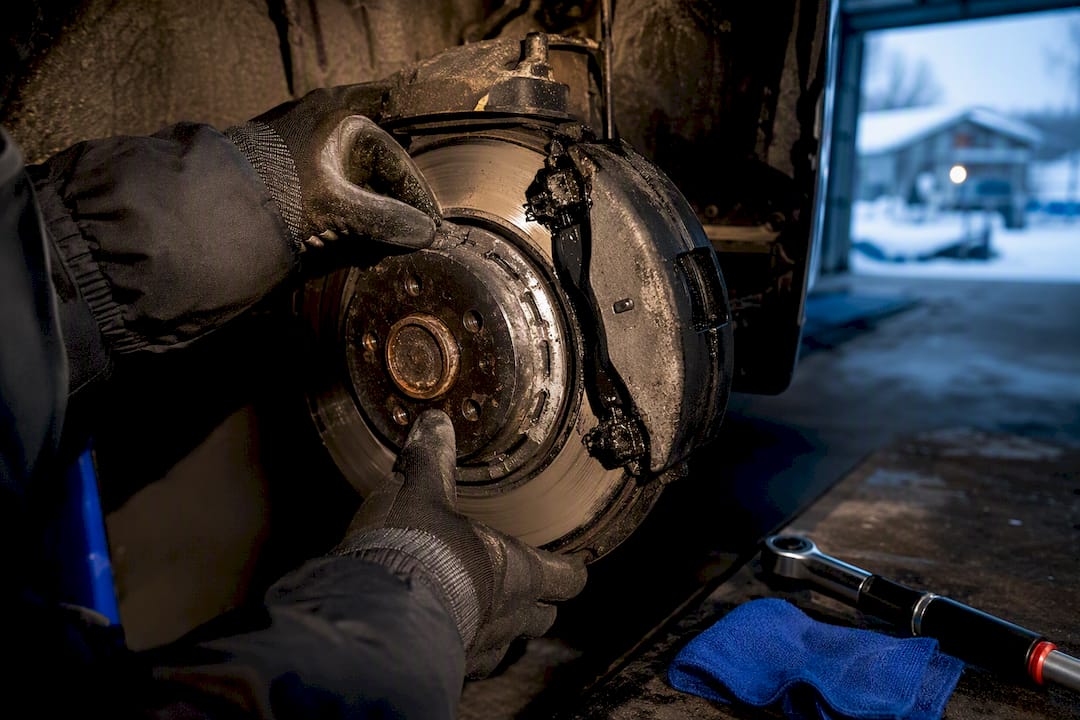 Mechanic inspecting brake assembly in winter