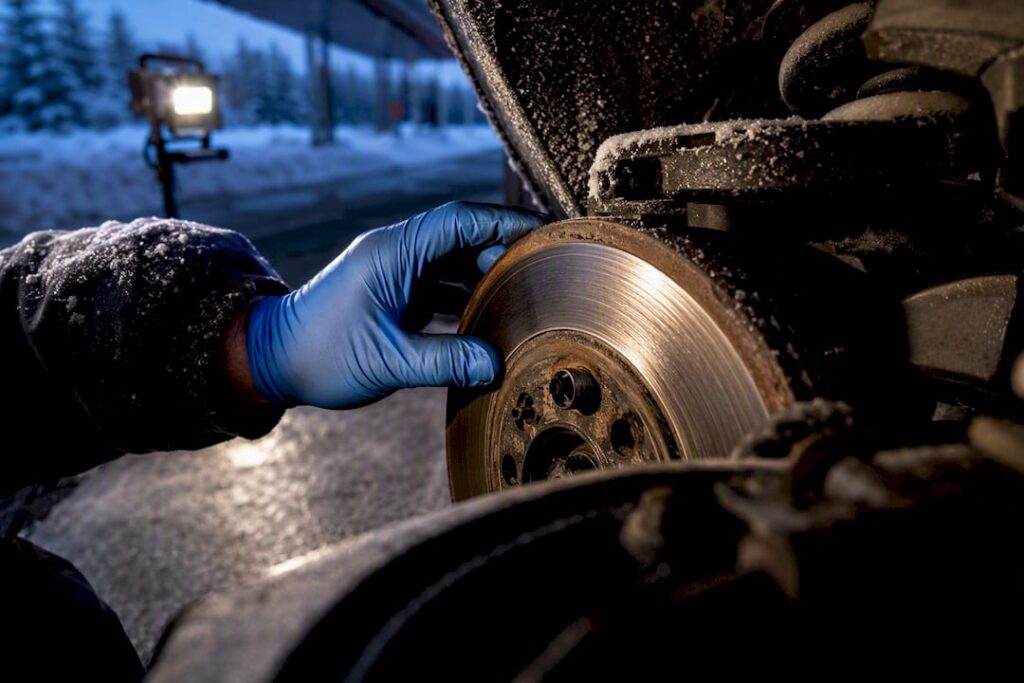Technician inspecting a winter brake rotor