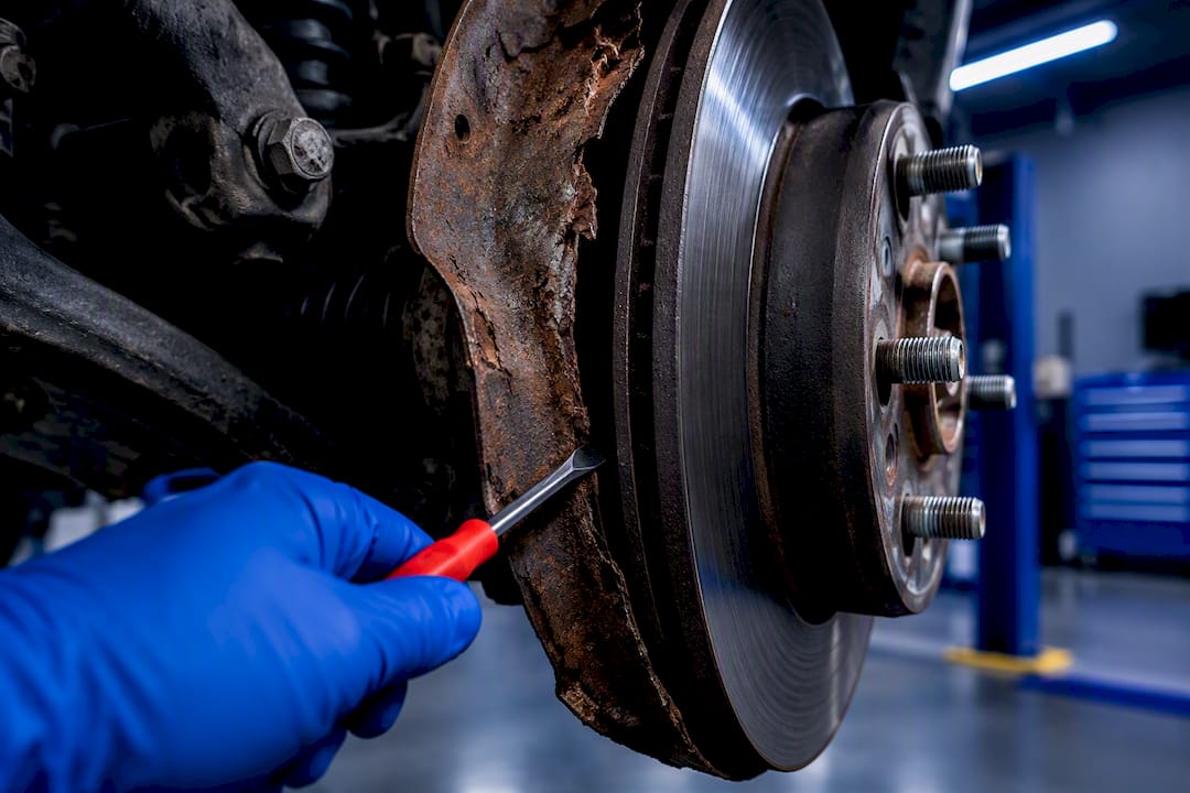 Rusted brake dust shield behind rotor
