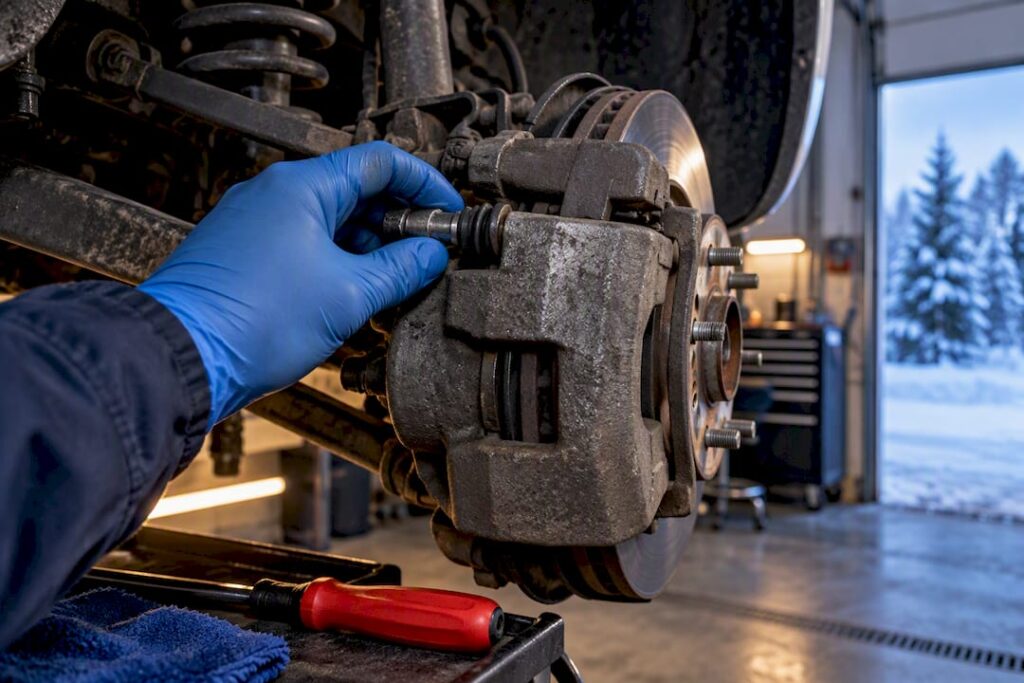 Technician checking a winter brake caliper slide pin