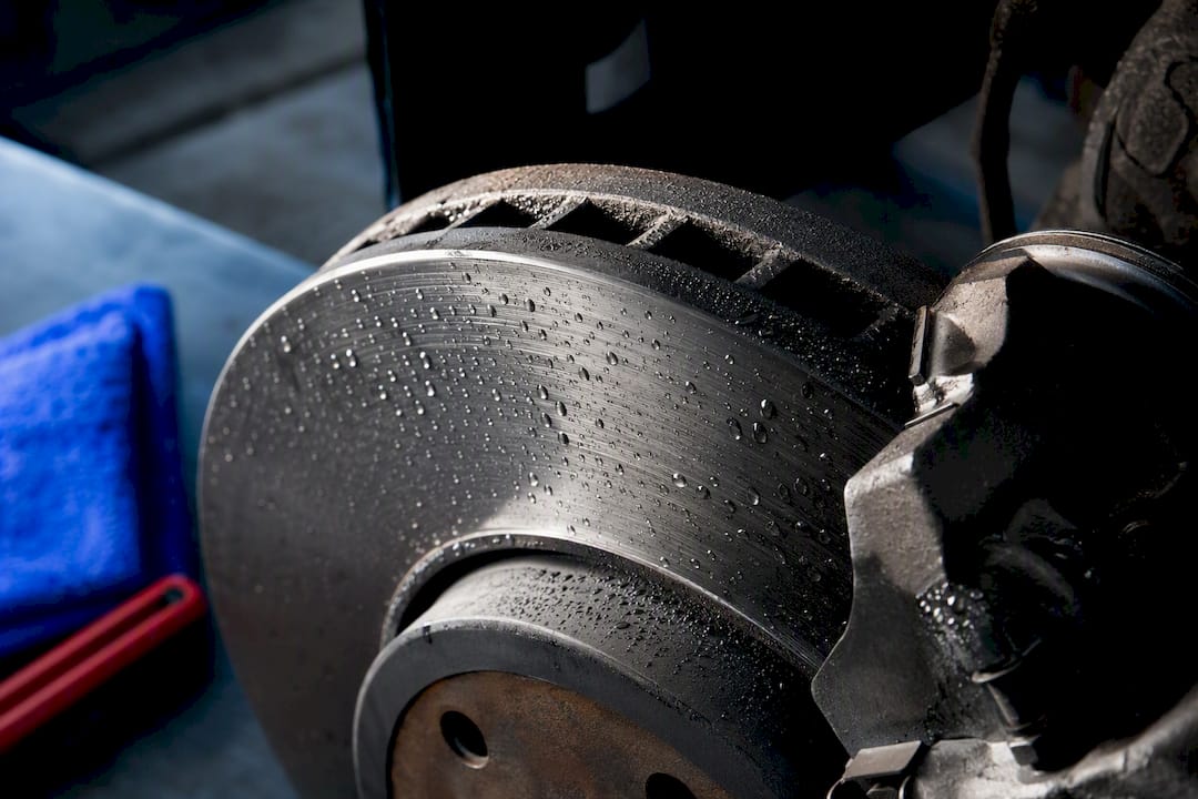 Water beading on a brake rotor surface
