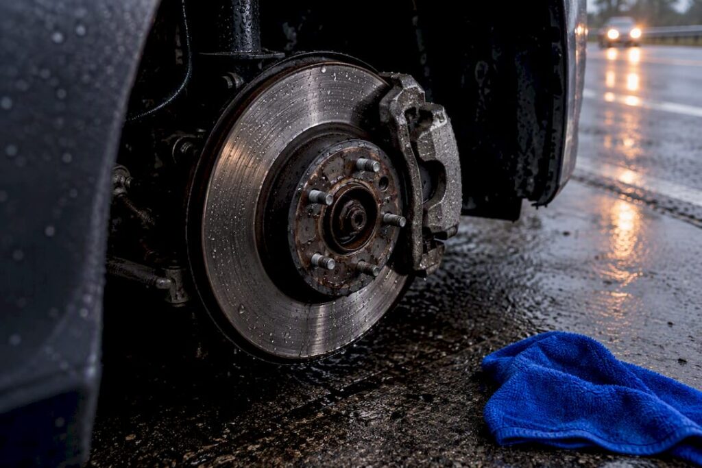 Water beading on an exposed brake assembly
