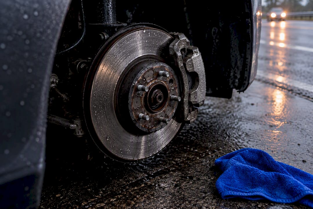 Water beading on an exposed brake assembly