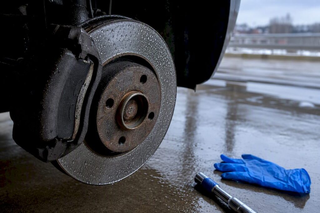 Water beading on an anonymous brake rotor