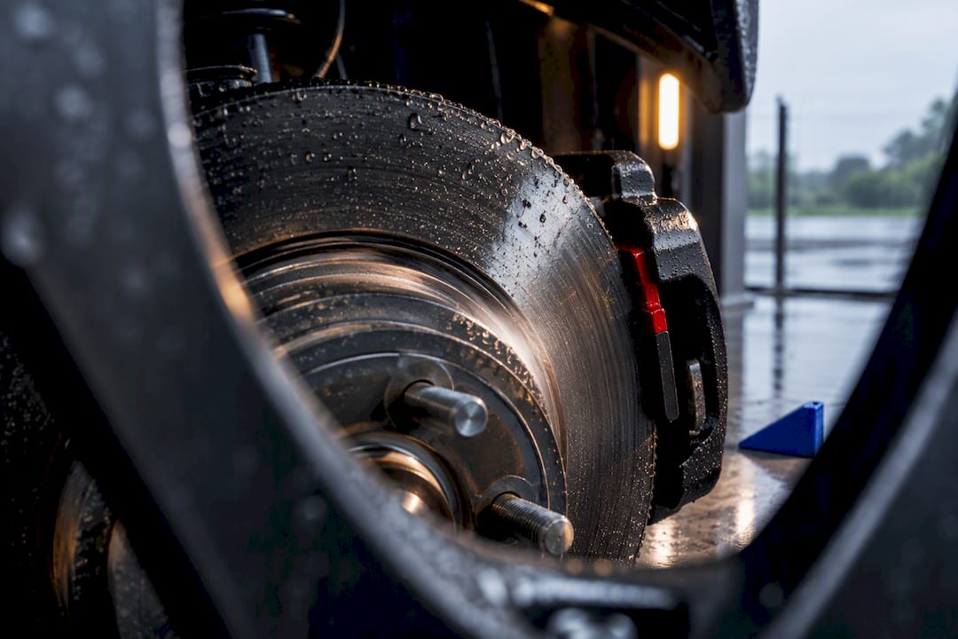 Wet brake rotor during weather inspection