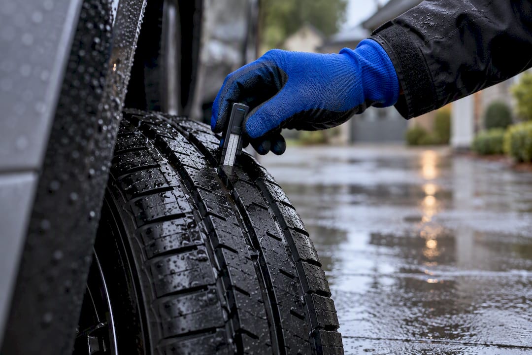 Hand checking wet tyre tread depth