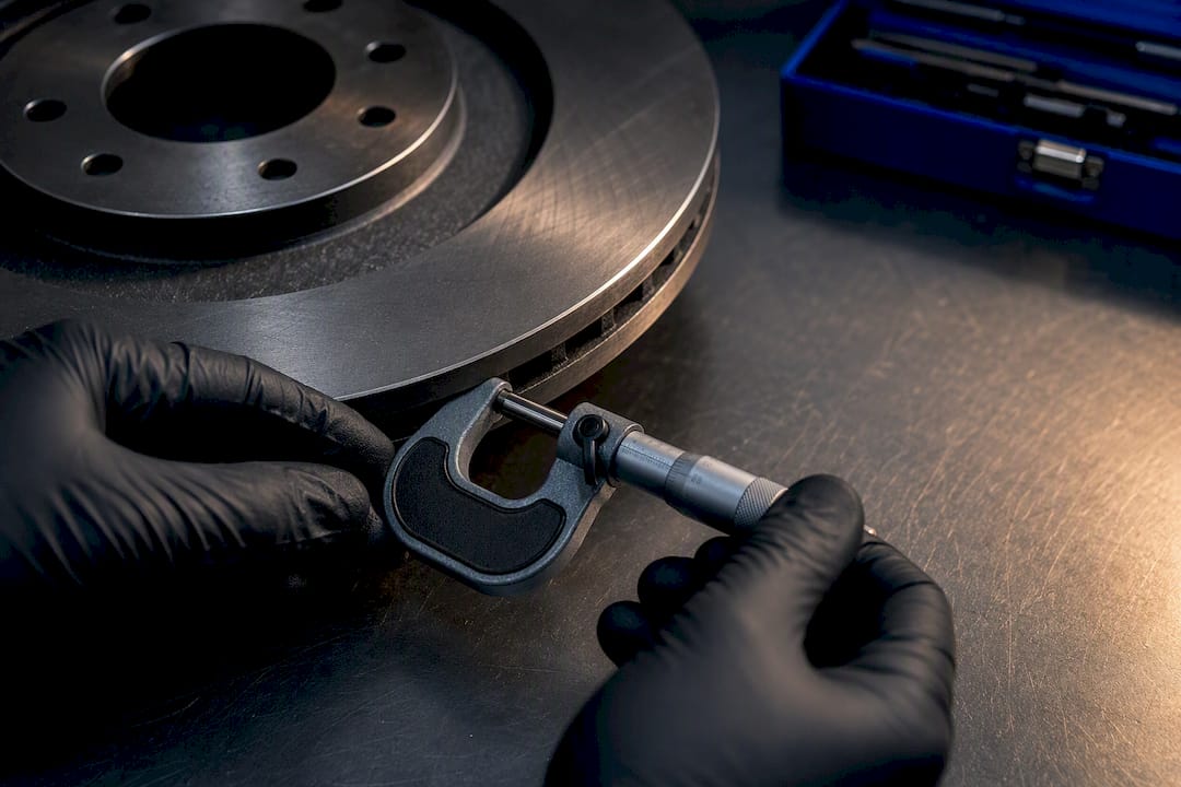 Technician measuring anonymous brake rotor thickness