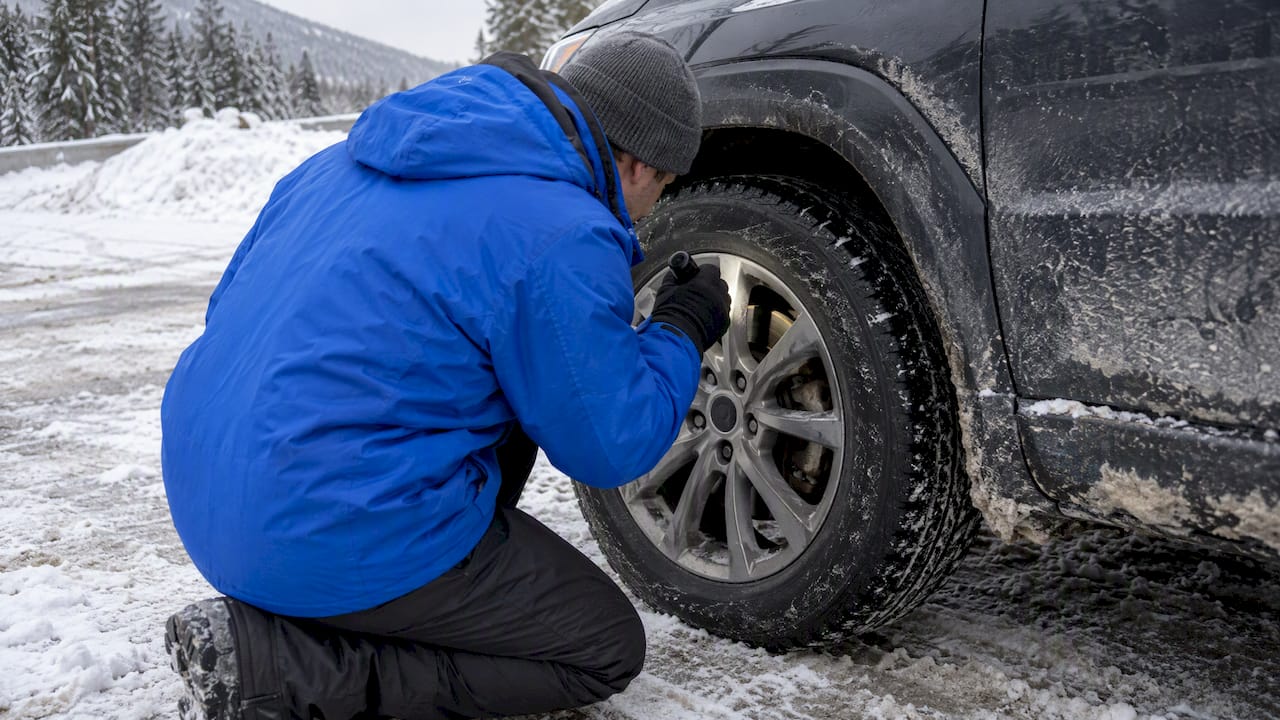 Driver inspecting winter brakes with flashlight