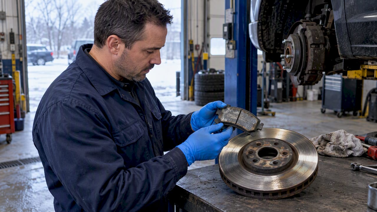 Technician inspecting glazed winter brake pad